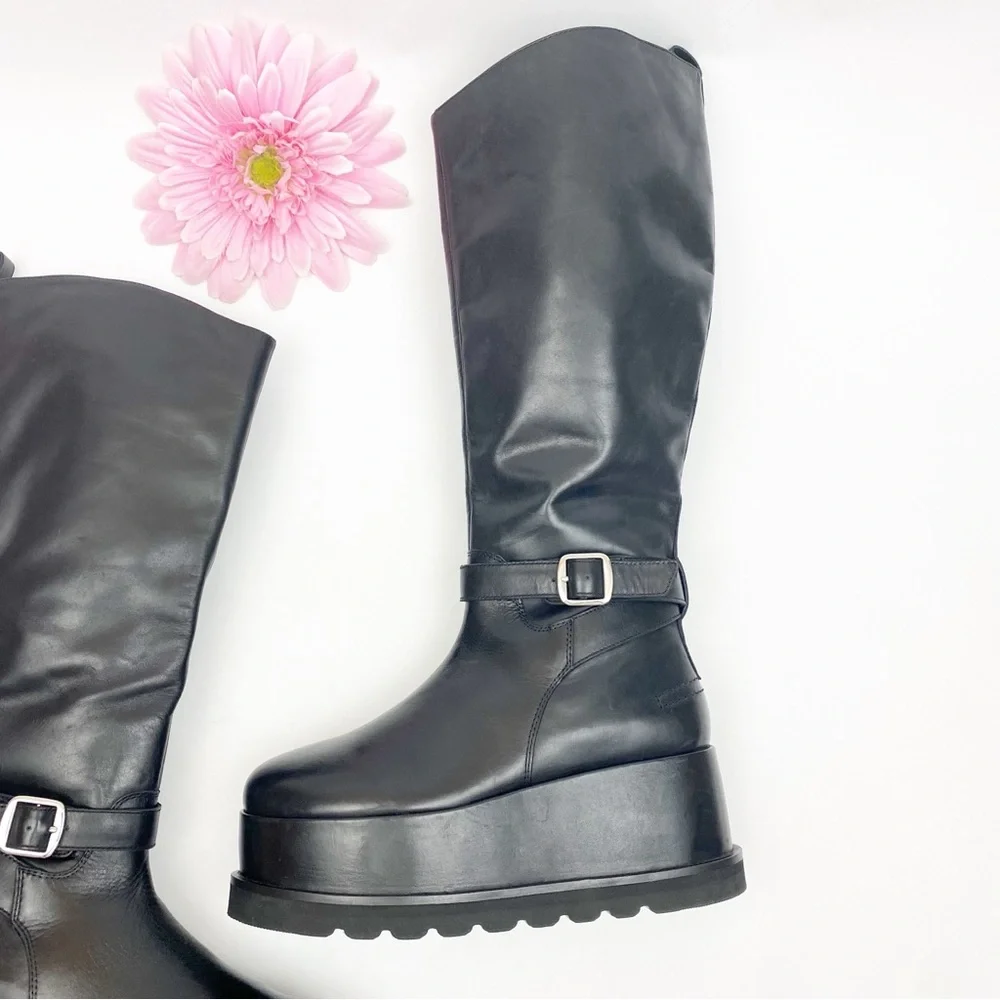 Free People Collection Not For Riding Platform Boots Tall Leather Buckle Black